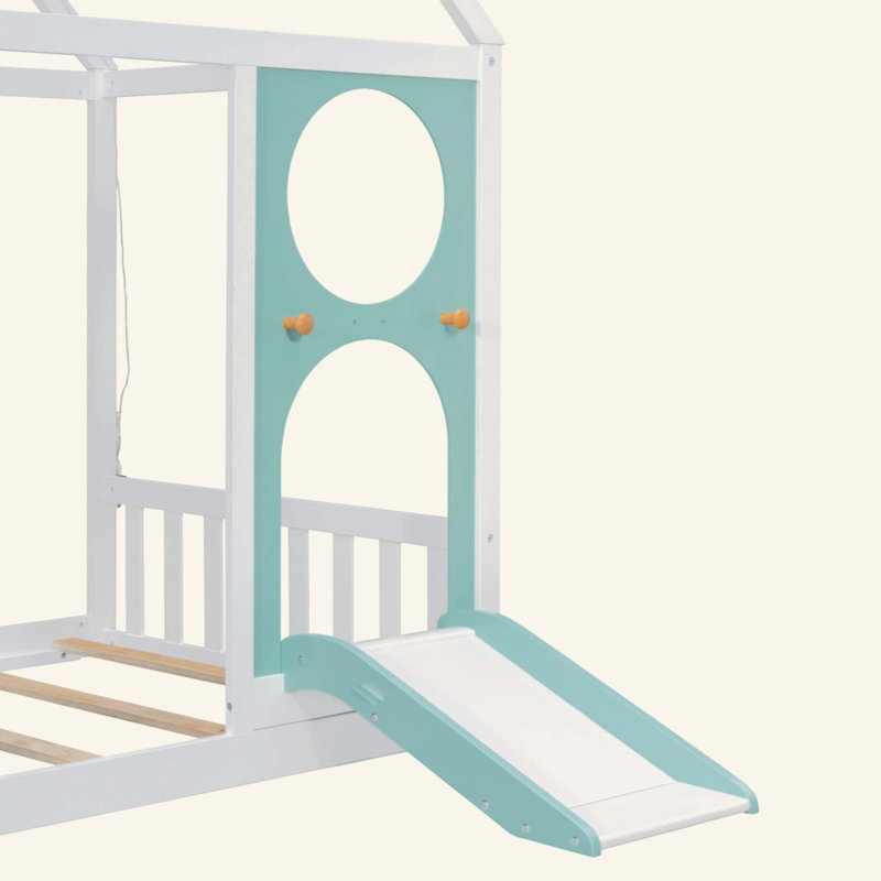Lit maison avec glissade, bande lumineuse en forme de boule, lit plateforme en bois avec panneau avant, meubles de chambre amusants