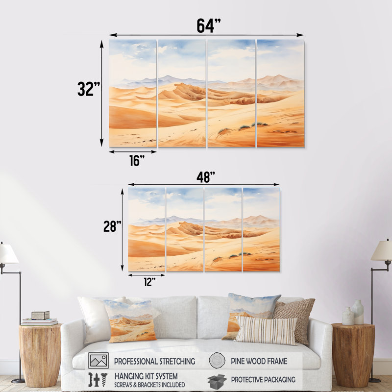 Paysage désertique de dunes de sable en Afrique III - Désert, ensemble de 4 décorations murales, H 32 po x l 64 po