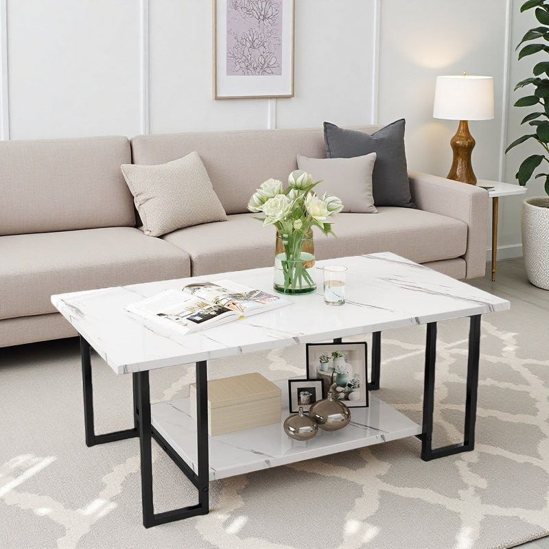 Table basse en marbre, table basse rectangulaire en faux marbre avec structure en métal, table de salon à 2 niveaux pour salon, bureau, balcon, 40 pouces