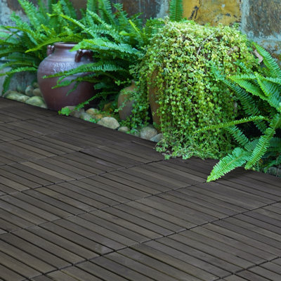 10 tuiles de terrasse à motif à rayures imbriquées, plancher carré en bois franc d'acacia brun foncé de 12 po x 12 po pour patio, banc, bord de piscine, ...