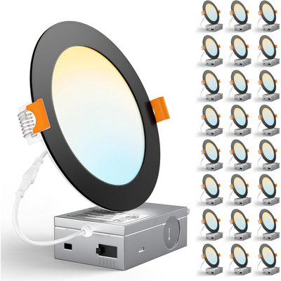 12W 1050LM 24‑Pack 6 Inch 5CCT Tunable Thin Black LED Recessed Ceiling Light with Junction Box, High CRI RA80, 2700K‑5000K Color Selectable, 5%‑100% Dimmable, ETL IC‑Rated, for Living Room, Kitchen, Bathroom & Office