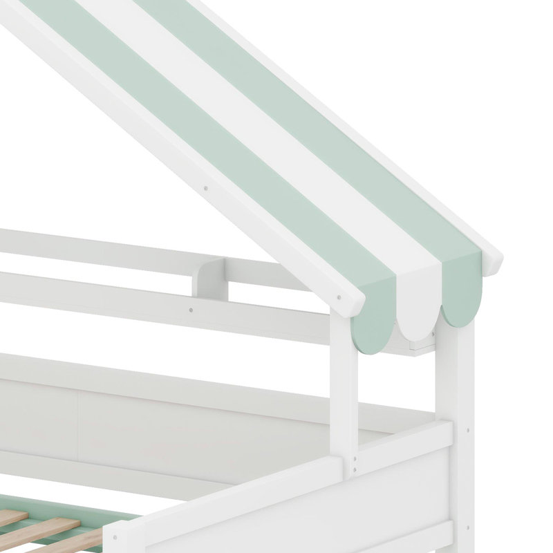 Lit mezzanine peu encombrant avec toit à baldaquin et armoire de rangement, Blanc et vert