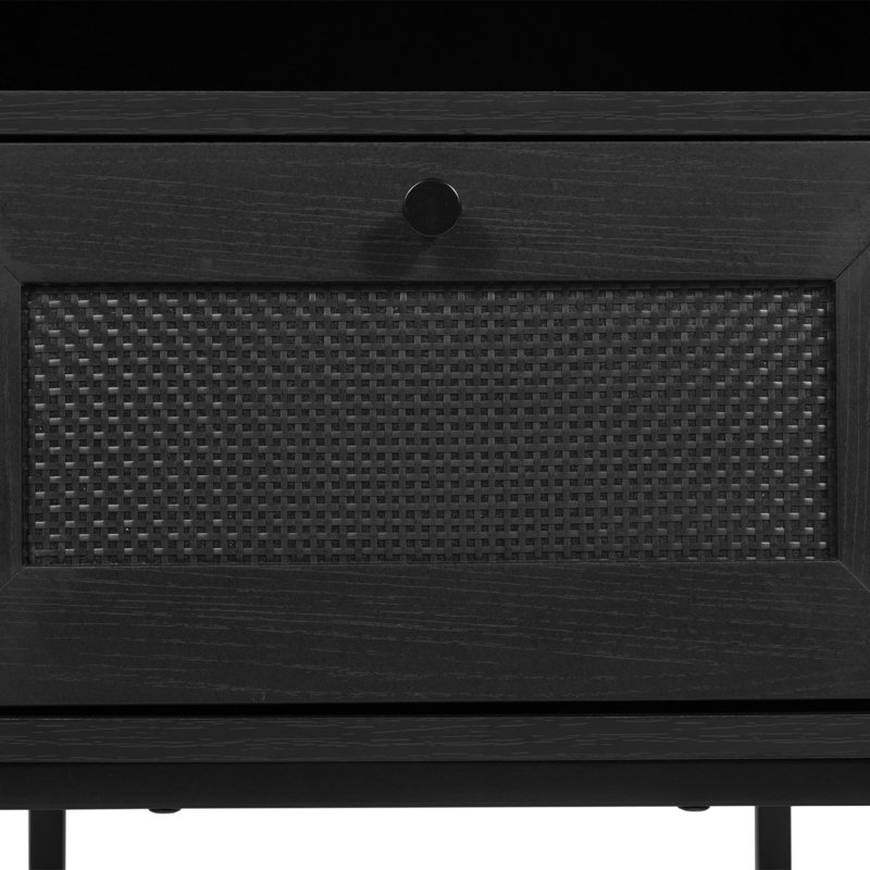 Mid-Century Modern Nightstands or End Tables with Rattan Accented Drawers, Black