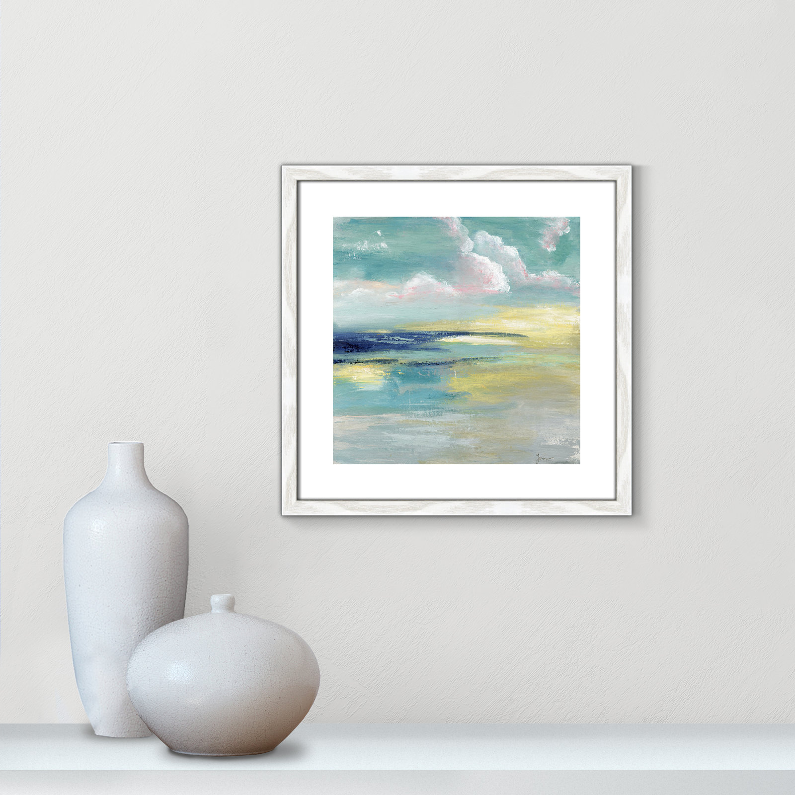 Bertie "Ocean View" Painting by Tava Studios, 18.25" H x 18.25" W x 0.75" D, White Wood Framed Paper