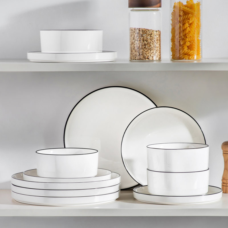 Service de table 12 pièces en porcelaine blanche moderne de qualité supérieure, service pour 4, Ivoire / blanc / noir