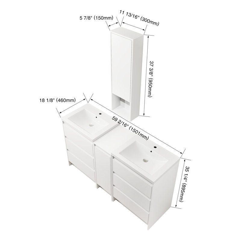 Ensemble de meuble-lavabo double 60 po avec 6 tiroirs 60 po - Armoire de rangement en résine