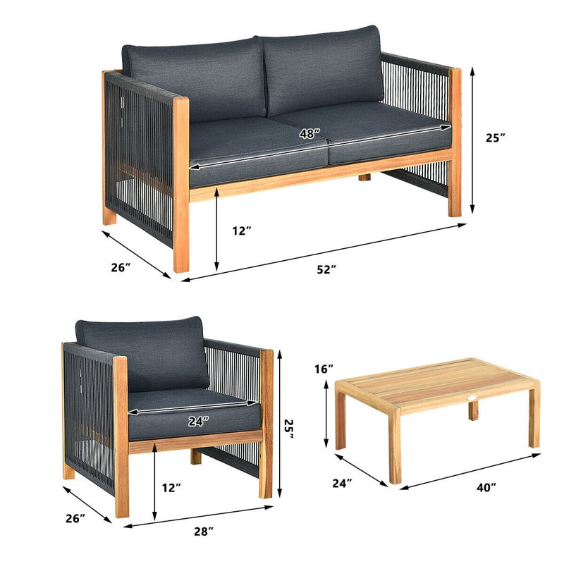Menges Outdoor Patio 4 Pieces Acacia Wood Sofa Set with Cushions, Gray