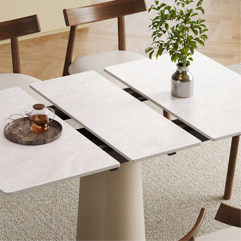 Table de salle à manger rétractable à dalle de roche pliante, table carrée extensible moderne avec base en acier inoxydable revêtue de cuir, table de cuisine à double usage pour les petits appartements