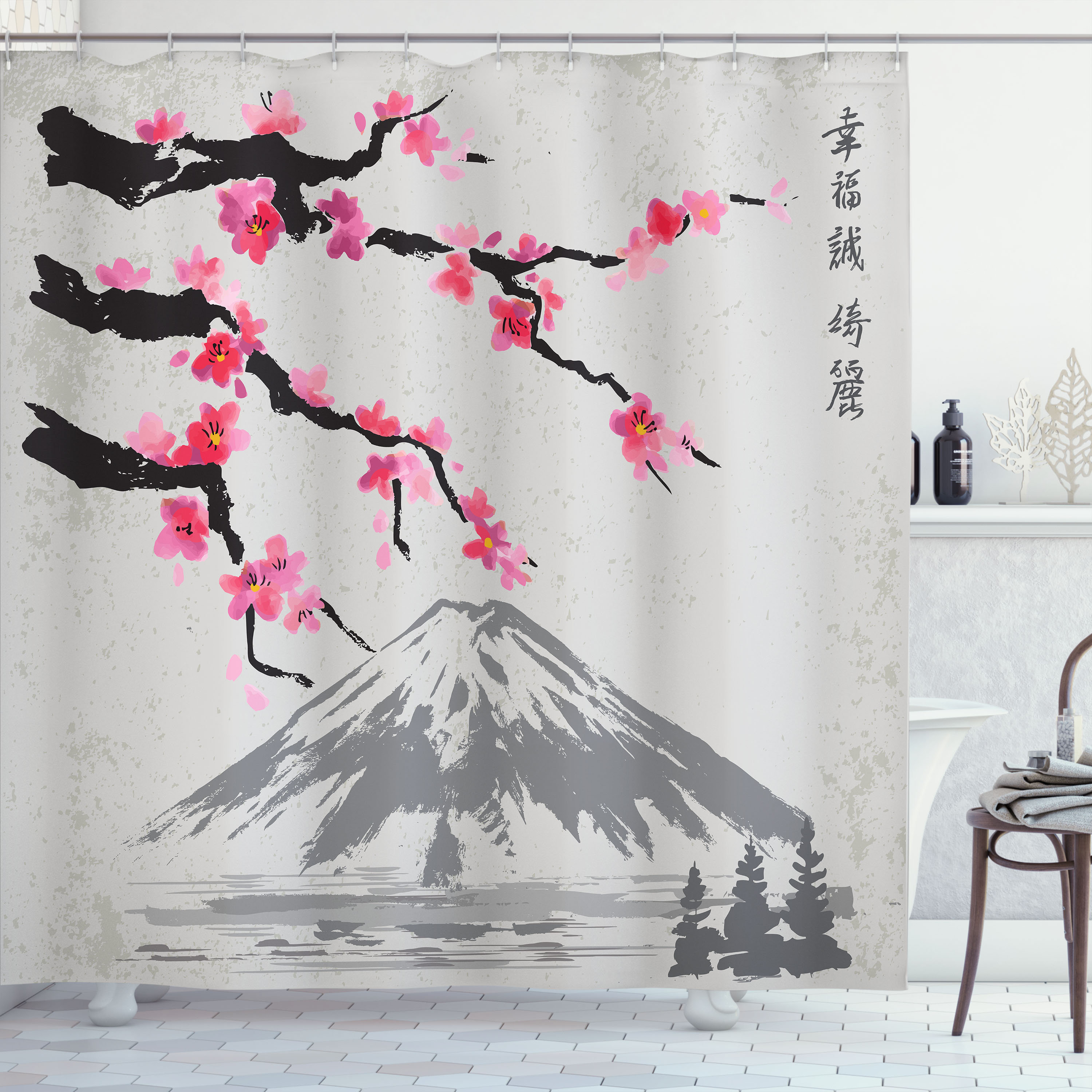 Ambesonne Japanese Shower Curtain Fujiyama Cherry Blossoms Grey Black