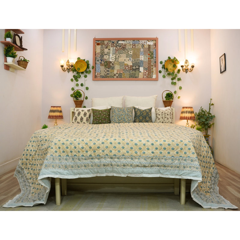 Literie bohème de luxe à motif floral en tissu imprimé Fab Fabine pour chambre et canapé, King Us, Jaune/vert