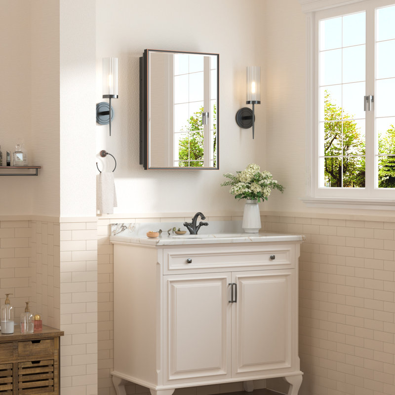 Cyrille Recessed & Surface Framed Medicine Cabinet with Mirror and Shelves, 24" H x 16" W x 5.2" D, Oil Rubbed Bronze