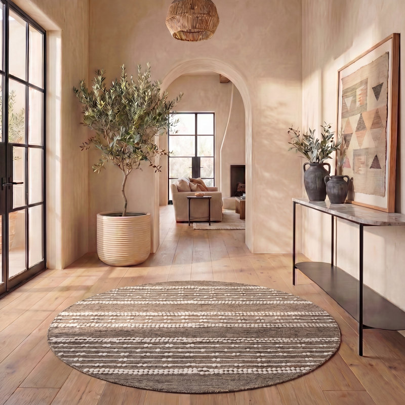 Malsbury Natural Fiber Flat Weave Jute/Wool Striped Rug in Brown/Beige, Round 6'