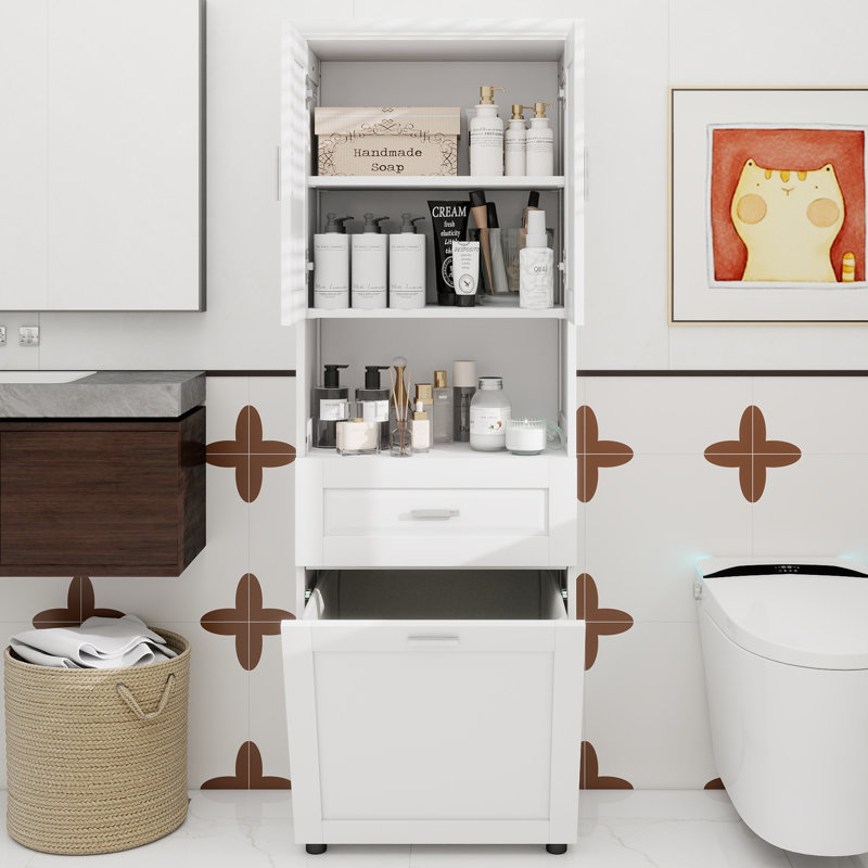 Grande armoire de salle de bain avec panier à linge, grand panier à linge inclinable et armoire de rangement supérieure, blanc