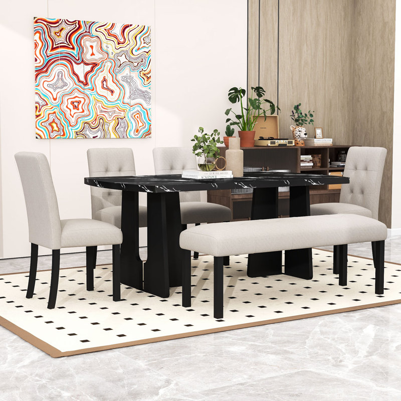 Ensemble de table de salle à manger 6 pièces avec table, banc rembourré et 4 chaises, Beige, Noir