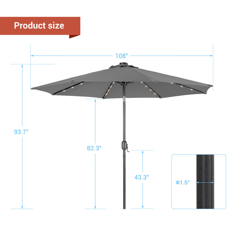 Parasol de patio rond de 9 pi avec grande table à baldaquin pour jardin, terrasse et piscine, Gris