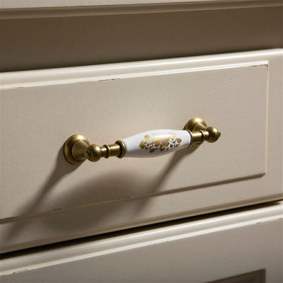 Poignées d'armoire et de tiroir, poignées en céramique de porcelaine, boutons, or et blanc
