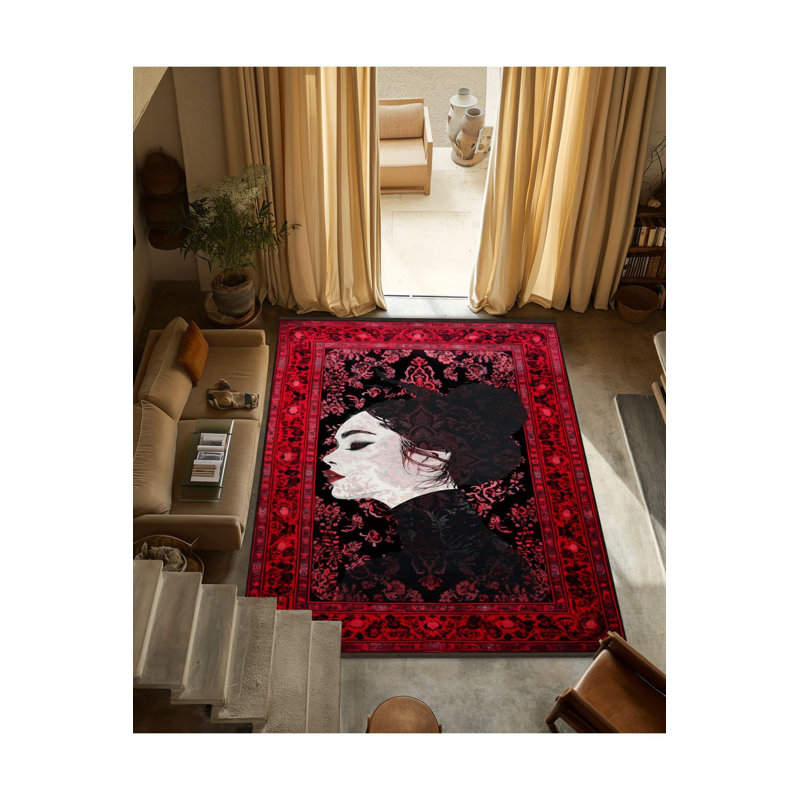 Tapis à motif frangé à motif lavabo noir et rouge Waso, Sous-tapis rectangulaire 2 pi 6 po x 4 pi 11 po