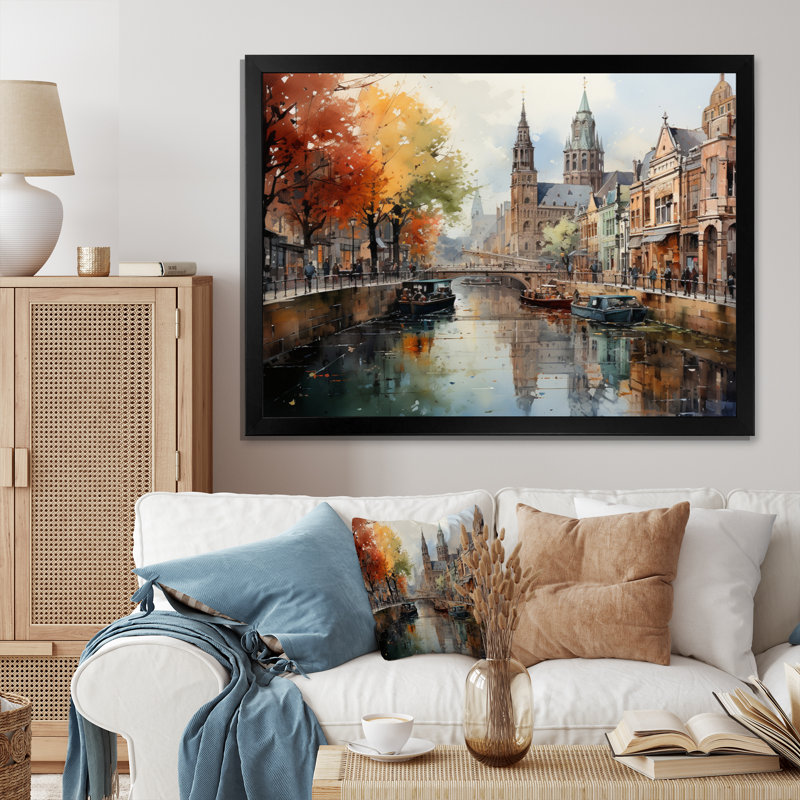 Paysage urbain de Beige Canal Urban Reflections - impression, H 30 po x l 40 po x P 1,5 po, Cadre photo noir