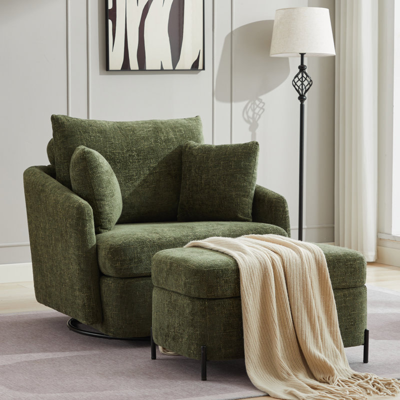 40.6'' Wide Swivel Barrel Chair and Storage Ottoman, Green Polyester
