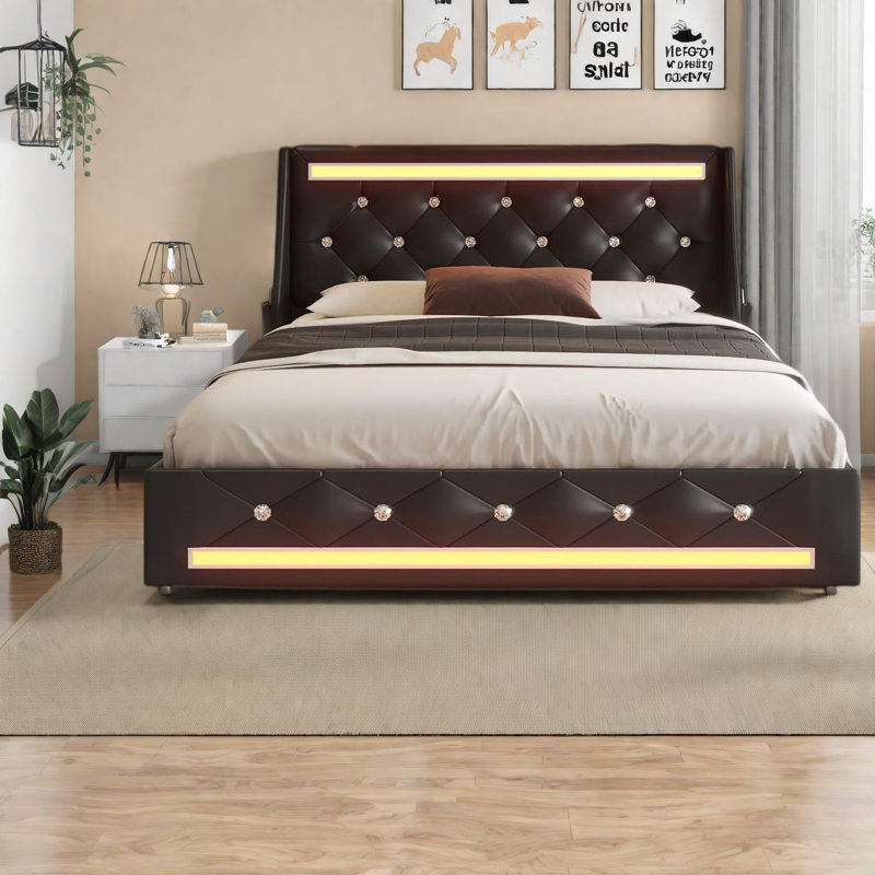 Modern Black Queen Bed Frame With Storage And Led, Easy Assembly