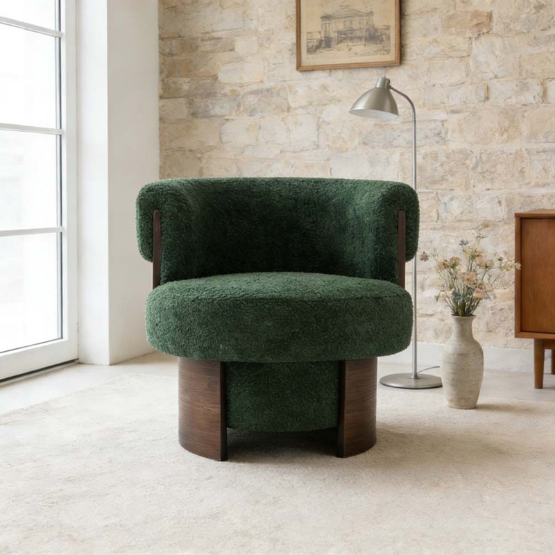 Fauteuil demi-tonneau rotatif moderne courbé et sculptural, Vert
