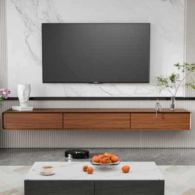 Fully Assembled 80" Handmade Floating TV Stand，Modern Wall-mounted Media Center with Flip-up Storage，Soft-close Doors，Solid Walnut Wood Veneer Finish