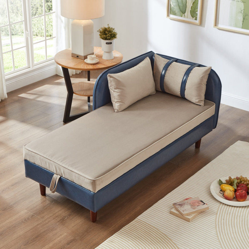 Méridienne avec rangement 65 ", unité centrale et fauteuil rembourré en velours beige avec rangement, Blue/Grey