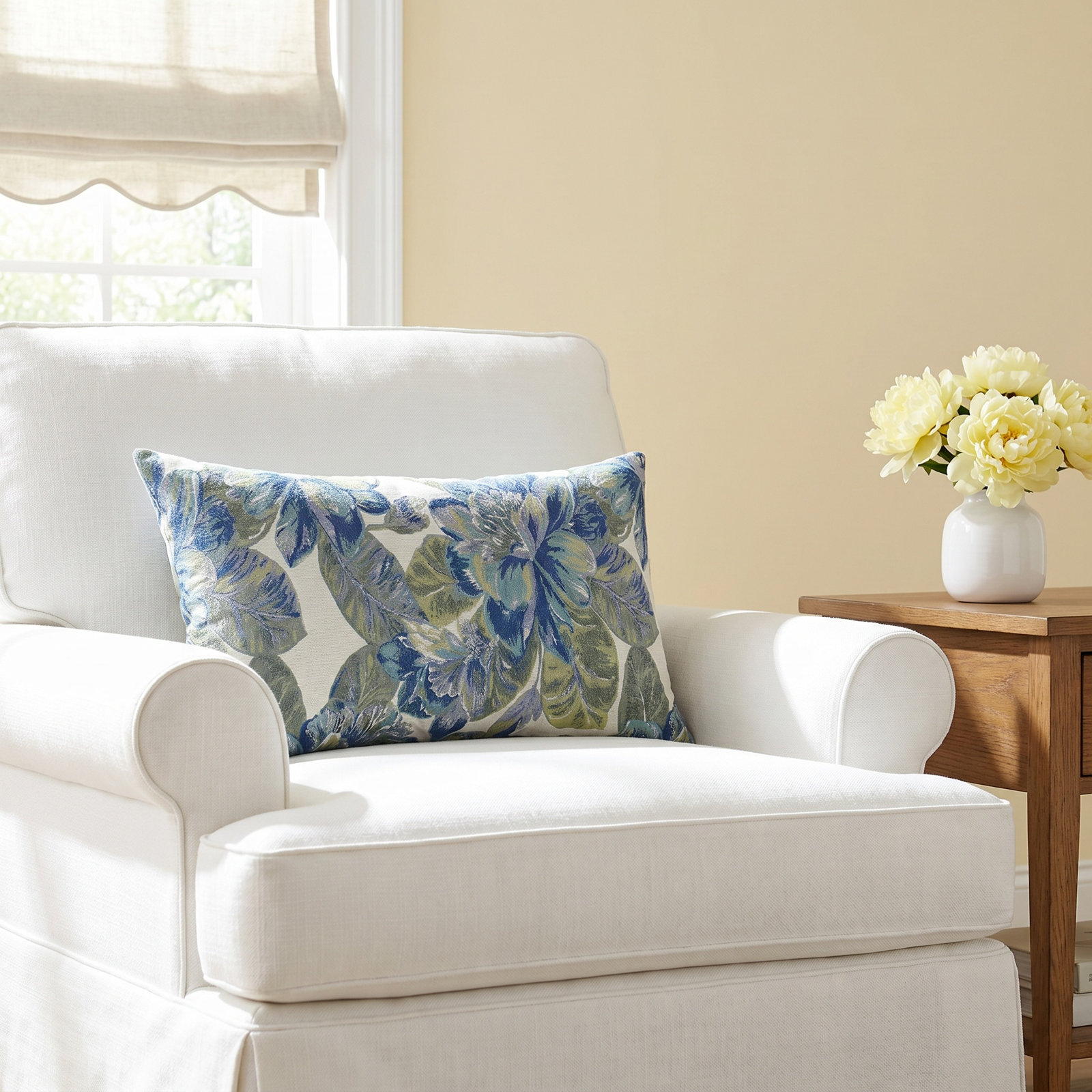 Throw Pillow, Blue/Green/White Floral, Rectangle 12"H x 20"W