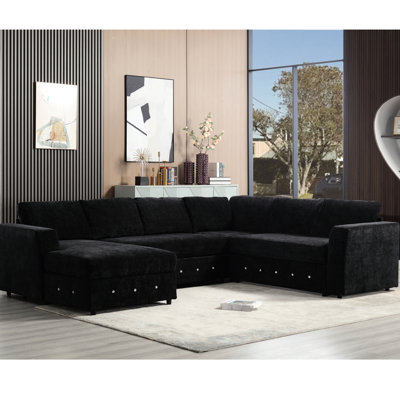110.52" U Shaped Sectional With Abundant Storage Capacity And Crystal Button Accent, Chenille Upholstery, Black For Living Room, Apartment Couch Option, Modern Look, Detail Room