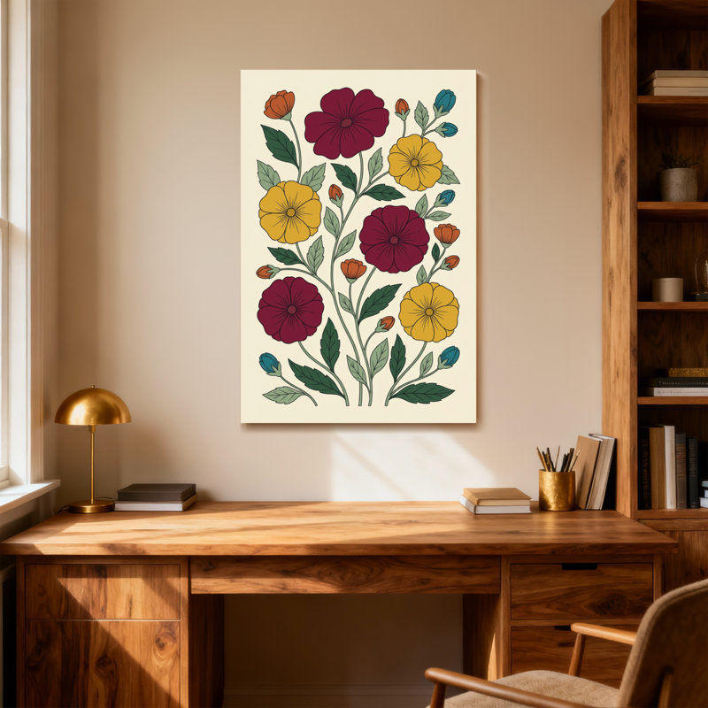 Motif floral de plantes et de fleurs avec des fleurs rouges, jaunes et bleues, H 18 po x l 12 po