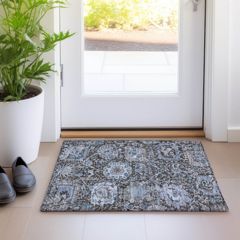 Denim Blue Flat Woven Rectangular Synthetic Rug