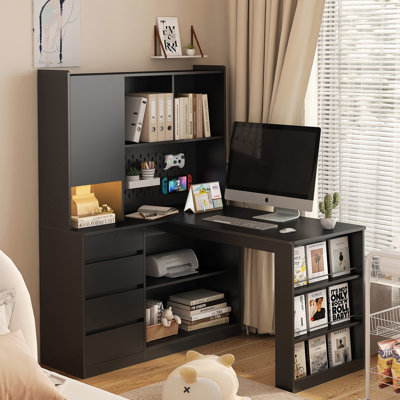 Bureau en L avec chargeur, bureau d'ordinateur avec tiroirs, bibliothèque, avec éclairage à DEL, bureau d'angle moderne, bureau à domicile, bureau d'écriture en L, bureau d'ordinateur de coin avec rangement