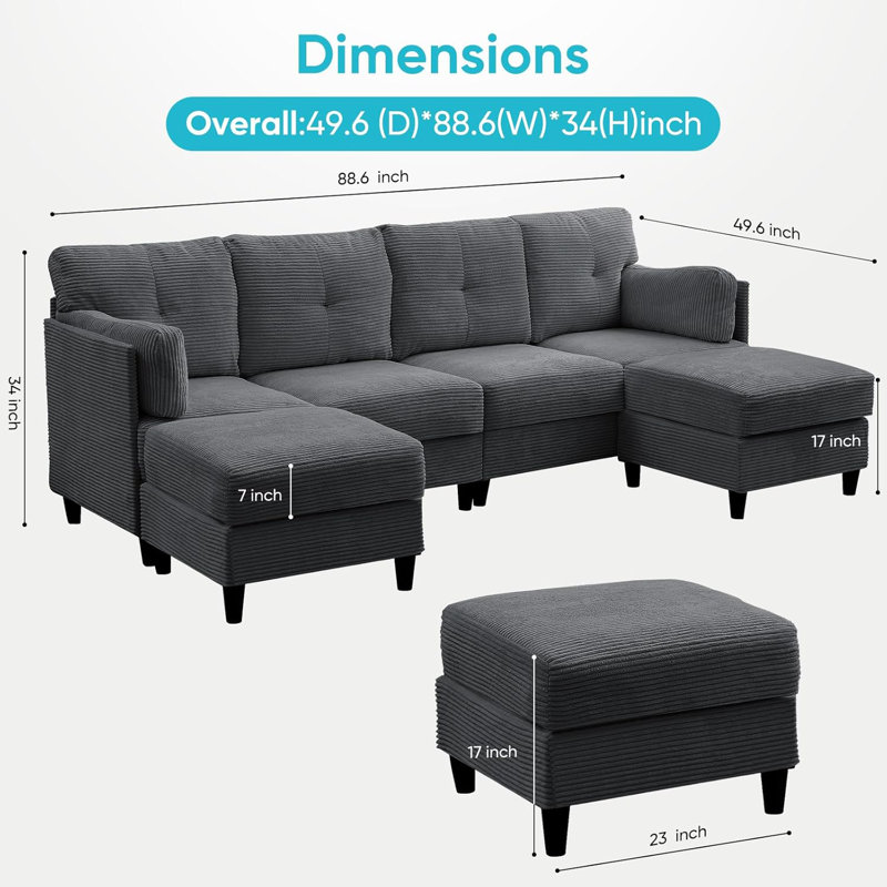 Canapé modulaire convertible en forme de U 4 places, canapé en velours côtelé avec 2 repose-pieds mobiles pour petits appartements, gris foncé