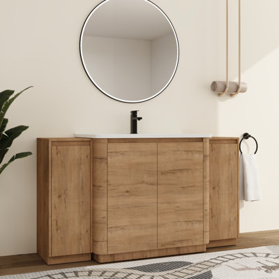 Ensemble de meuble-lavabo simple 60 po avec plateau en céramique Ornar, meuble-lavabo simple autoportant avec lavabo en céramique