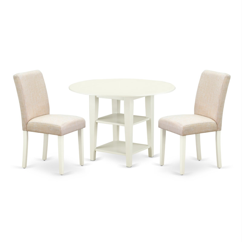 3 Piece Dining Table Set Contains a Round Dinner Table with Dropleaf & Shelves and 2 Light Beige Linen Fabric Upholstered Chairs, Linen White