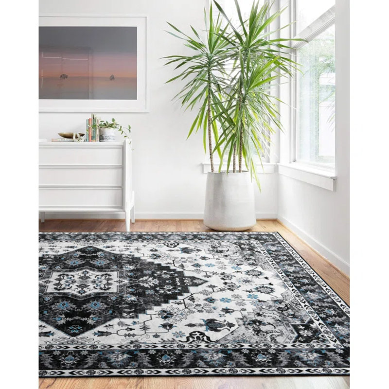 Carnegia Floral Area Rug, Black, Rectangle 122 x 183 cm