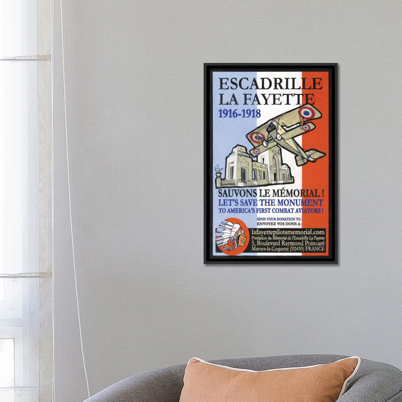 «Escadrille De Lafayette», affiche vintage sur toile, H 26 po x l 18 po x P 1,5 po, Toile avec cadre noir, Pas de tapis