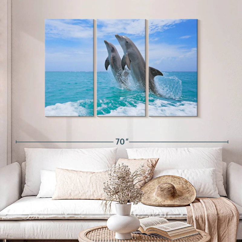 Bramph dauphins jouant en mer, H 32 po x l 50 po