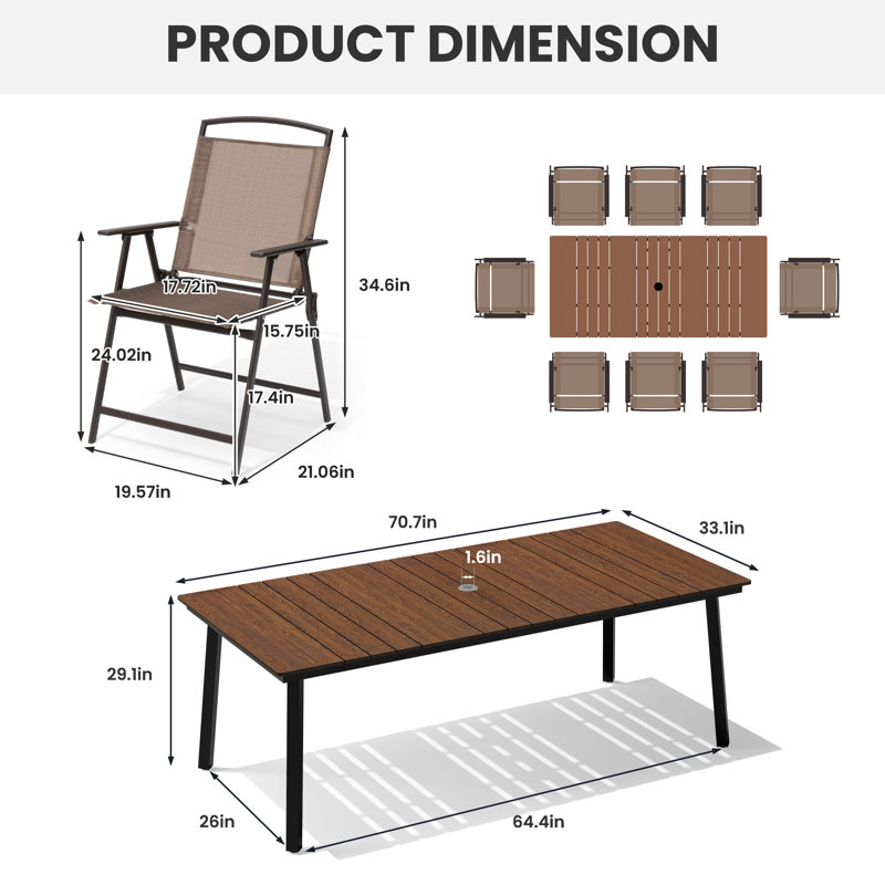  8 - Person Metal Patio Diining Set With Foldable Chairs And Umbrella Hole, Walnut, Brown