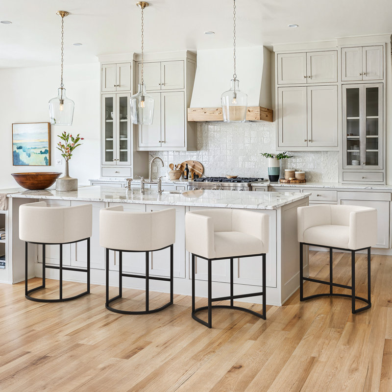 27"Upholstered Counter Stools With Curved Barrel Back, Metal Frame And Footrest, Beige Linen Seat/Black Frame