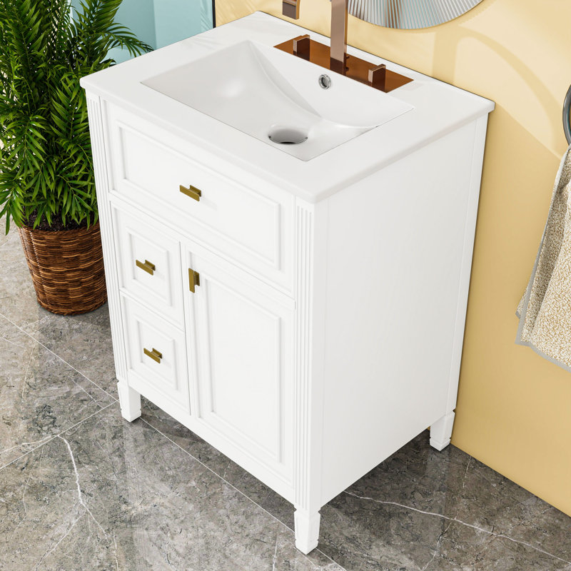 Meuble-lavabo avec lavabo, tiroirs et tablette réglable, Blanc
