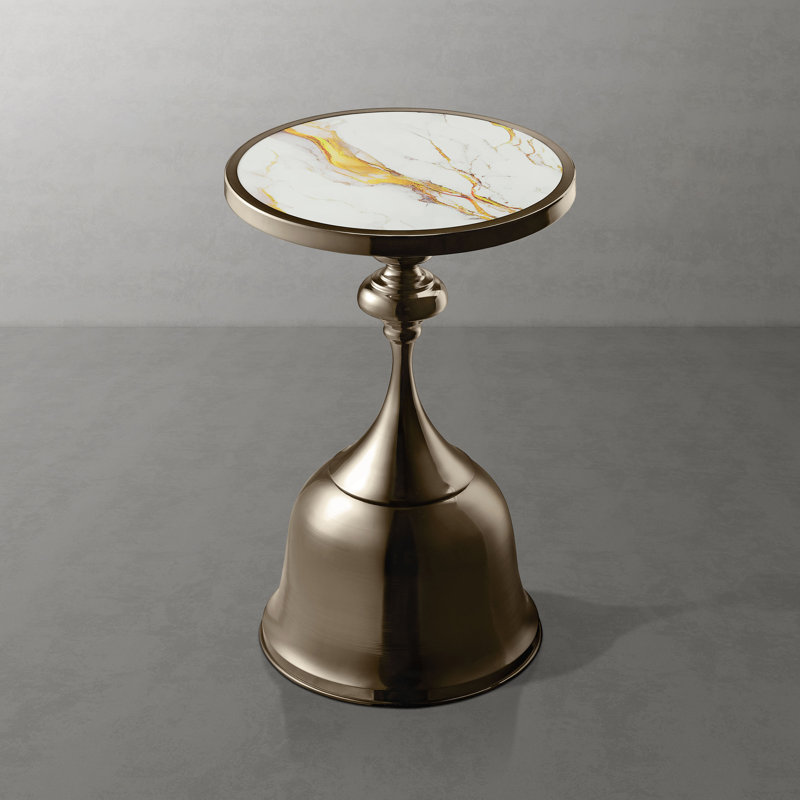 Cheryll Metal Side Table With White Marble-Pattern Top And Bell Base