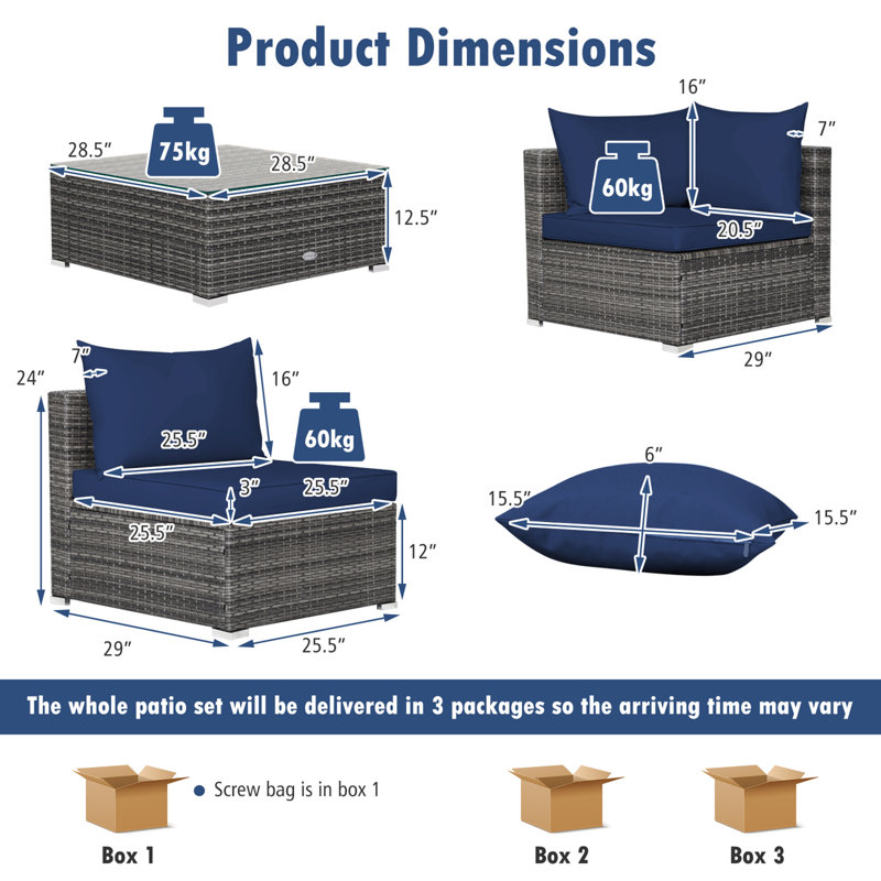 Minooka Wicker 6 - Person Patio Conversation Set with Cushions, Navy