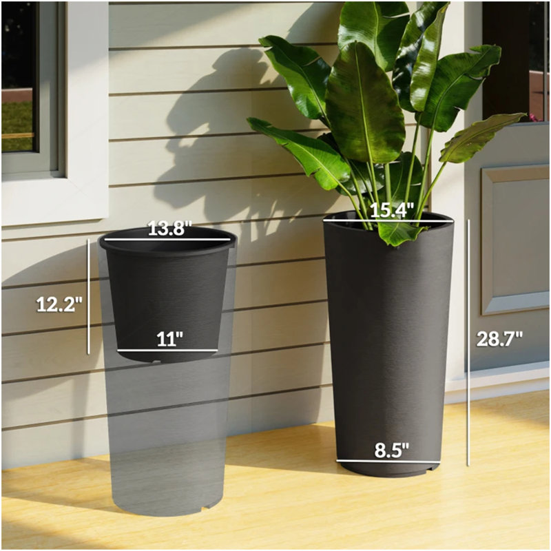 Ensemble de 2 pots à fleurs, grandes jardinières empilables, jardinière haute, Noir