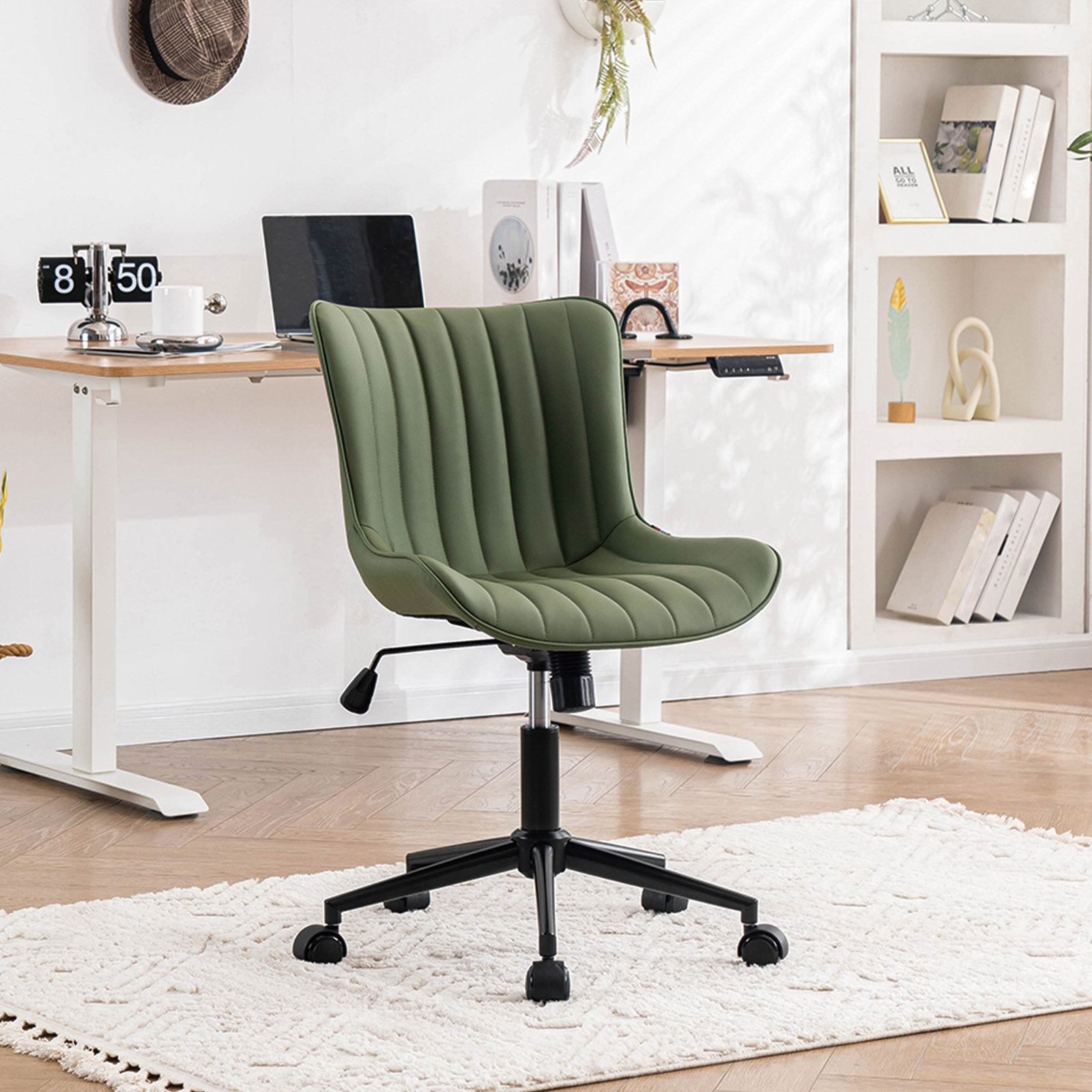 Brionni Leather Swivel Task Chair with Casters, Bean Green Seat/ Black Frame