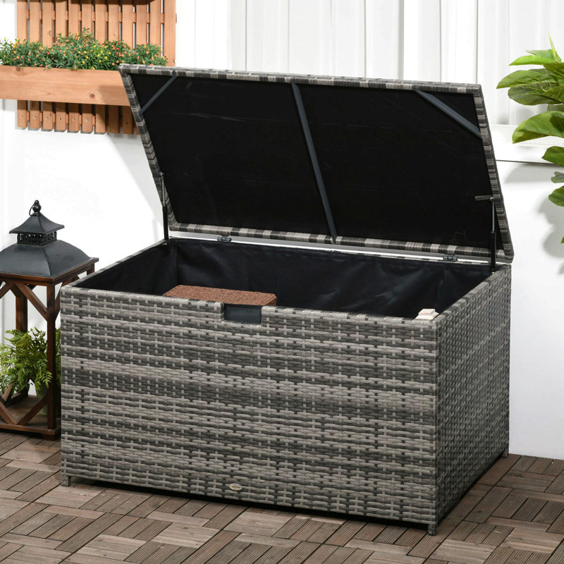 113 Gallon Deck Box, Rattan Outdoor Storage Box, Waterproof Storage Container For Indoor, Patio Furniture Cushions, Pool Supplies, Garden Tools, Dark Gray