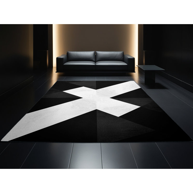 Machine Washable Roslindale Contemporary Geometric Shapes Rug in Black – Black Binding, 4' Square