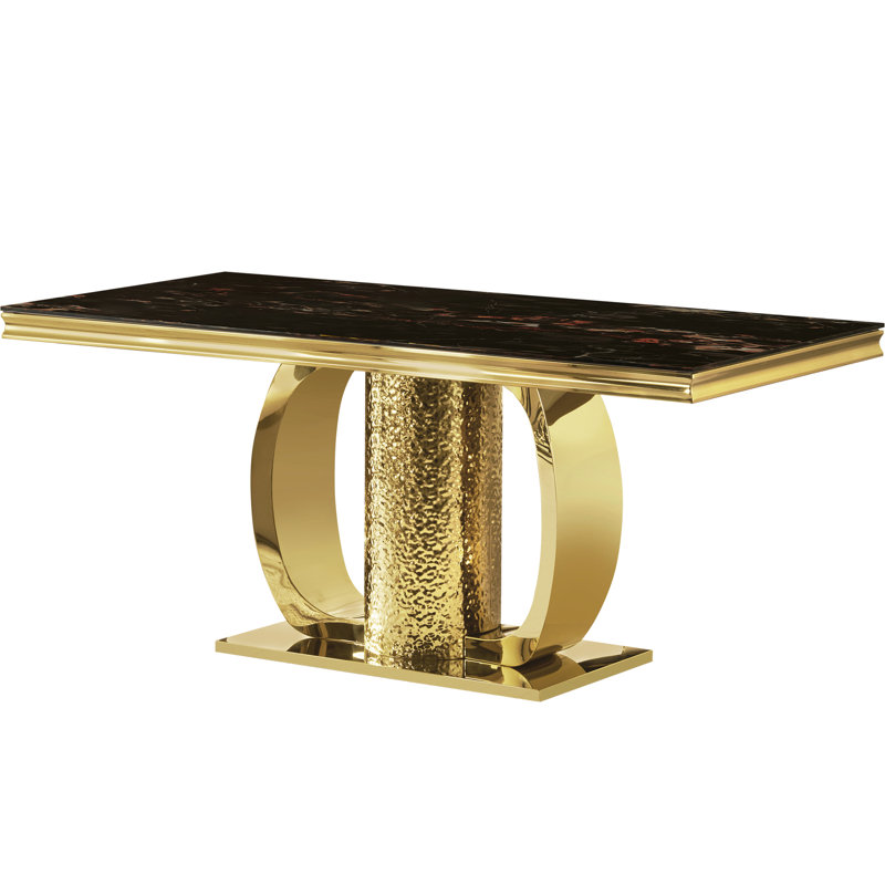 Table de salle à manger rectangulaire dorée avec verre trempé de 69,2 pouces, pieds résistants à la corrosion, élégance élégante, conception d'espace et table en verre, robustesse robuste, durabilité des surfaces égratignées,