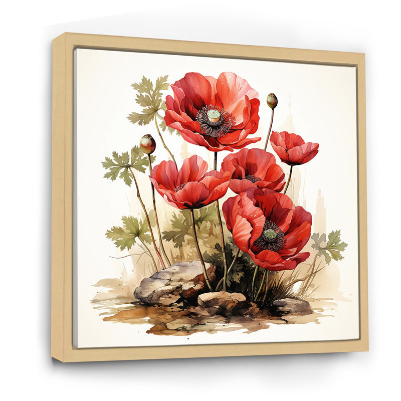 Red Serene Poppy Meadows II - Art mural coquelicot, Cadre flottant brun, 30" H x 30" W