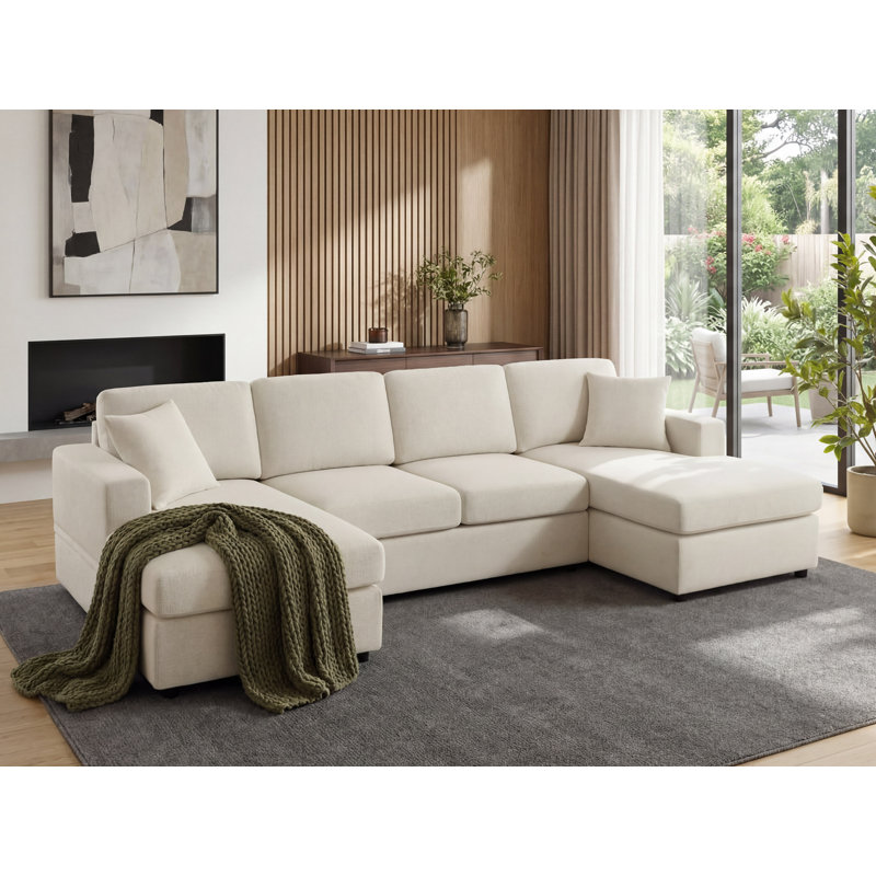 3 - Piece Upholstered Sectional, Beige Chenille
